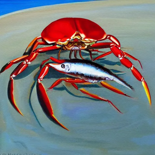 Image similar to red crab holding a sardine on a beach, oil on canvas, extremely detailed,