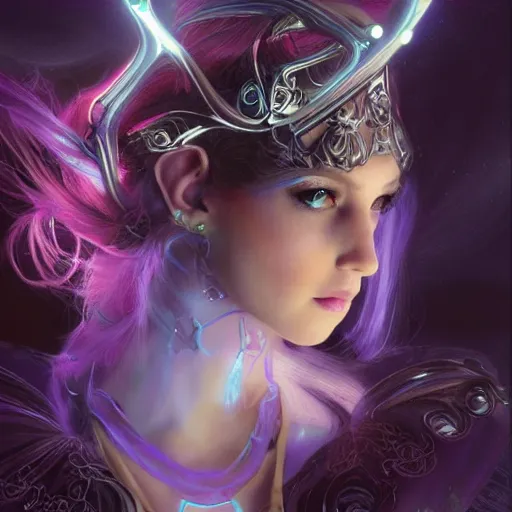 Image similar to A still of an ethereal, mysterious stunning maximalist mesmerizing elven girl from the rainbow sky paradise in Tron: Legacy (2010), high-tech, Victorian gothic lolita fashion, highly detailed, very beautiful painting by artgerm and WLOP, medium shot, cinematic lighting, concept art, artstation, D&D RPG portrait