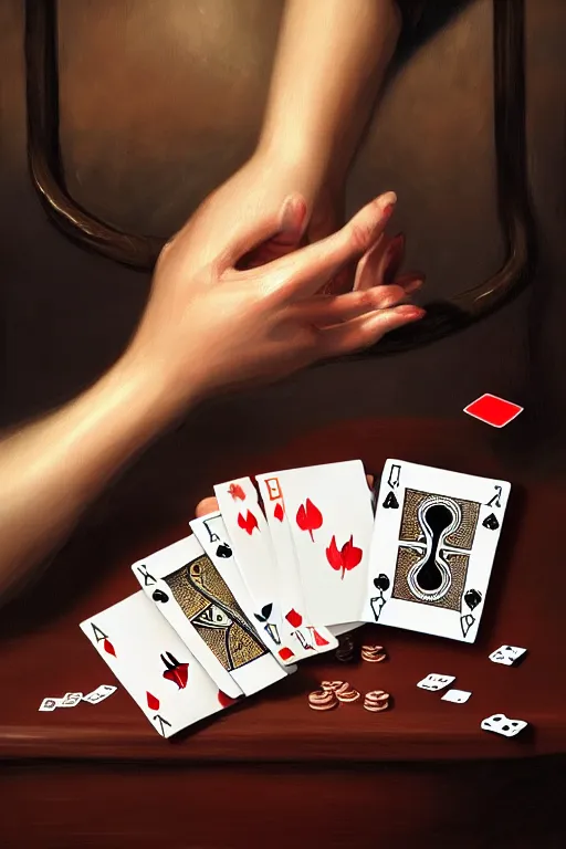 Image similar to firts person view of female hands looking at the table full of playing cards, esp cards, tarot cards, crystall ball, realistic, modern, intricate, elegant, highly detailed, digital painting, artstation, concept art, addiction, chains, smooth, sharp focus, illustration, art by ilja repin