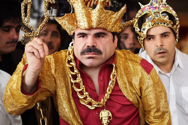 Image similar to el chapo is a genie standing in the middle of a grandiose mexican mansion. everything is made out of gold. the mansion is incredible and ornate. chapo has a clockwork chain. there are princesses and queens everywhere around him because they love him. wearing a genie costume. lovely scene of a genie being a pimp