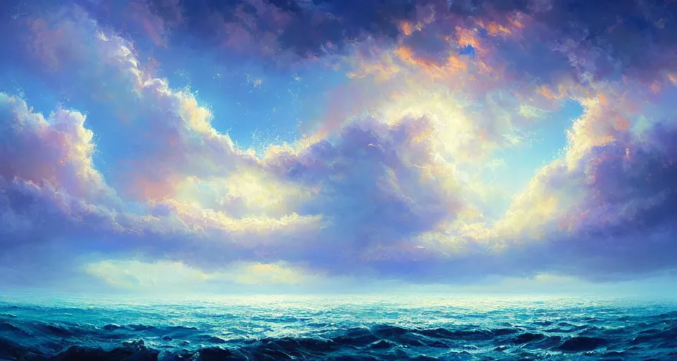 Prompt: beautiful oil painted serene ocean with flowy clouds dreamy fantasy painted by Halil Ural trending on artstation