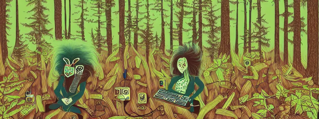 Image similar to a technogaianist long-haired blonde digital musician playing modular synthesizer in the forest, technology and nature in harmony, postmodern surrealist concert poster, grainy, hand drawn matte painting by Tara McPherson and Gary Houston, smooth, sharp focus, extremely detailed.