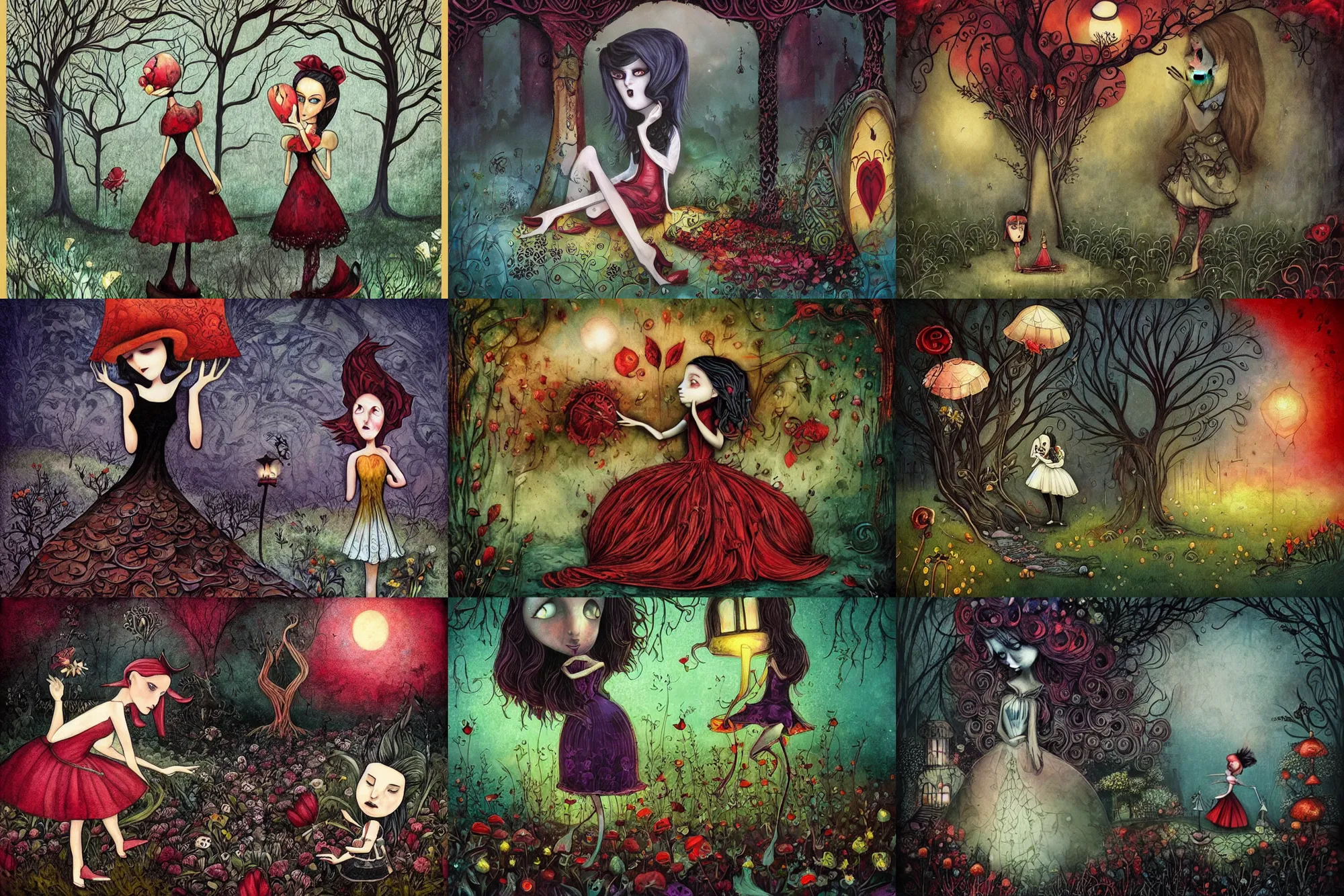 Prompt: Alice fails to get to the special garden, dramatic, art style Megan Duncanson and Benjamin Lacombe, super details, dark dull colors, ornate background, mysterious, eerie, sinister