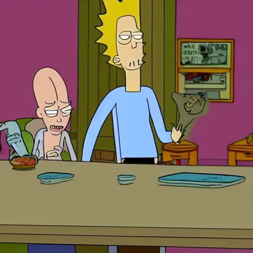 Prompt: beavis and butthead in a Rick and morty cameo, highly detailed, high quality,