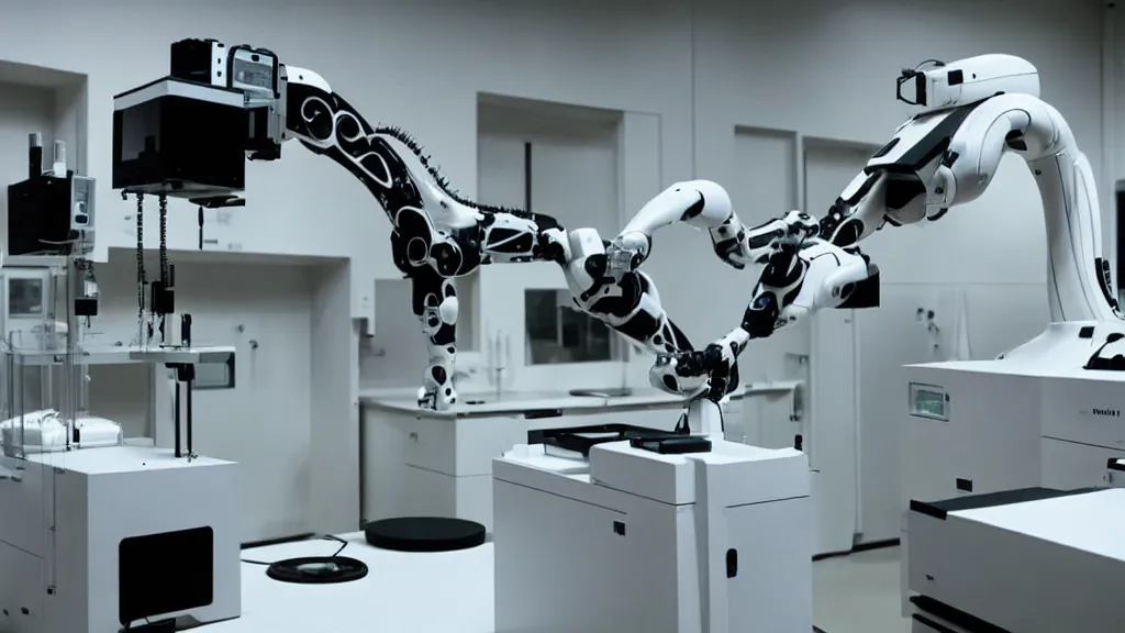 Image similar to a complex bifurcated robotic cnc surgical arm hybrid mri 3 d printer machine making black and white ceramic mutant forms in the laboratory inspection room, film still from the movie directed by denis villeneuve with art direction by salvador dali, wide lens