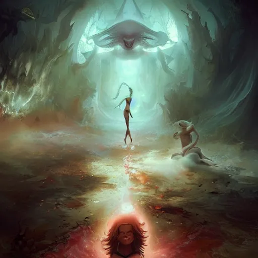 Image similar to cute girl lost in satanic ritual trying to escape dimensional shift by peter mohrbacher and emmanuel shiu and martin johnson heade and bastien lecouffe - deharme