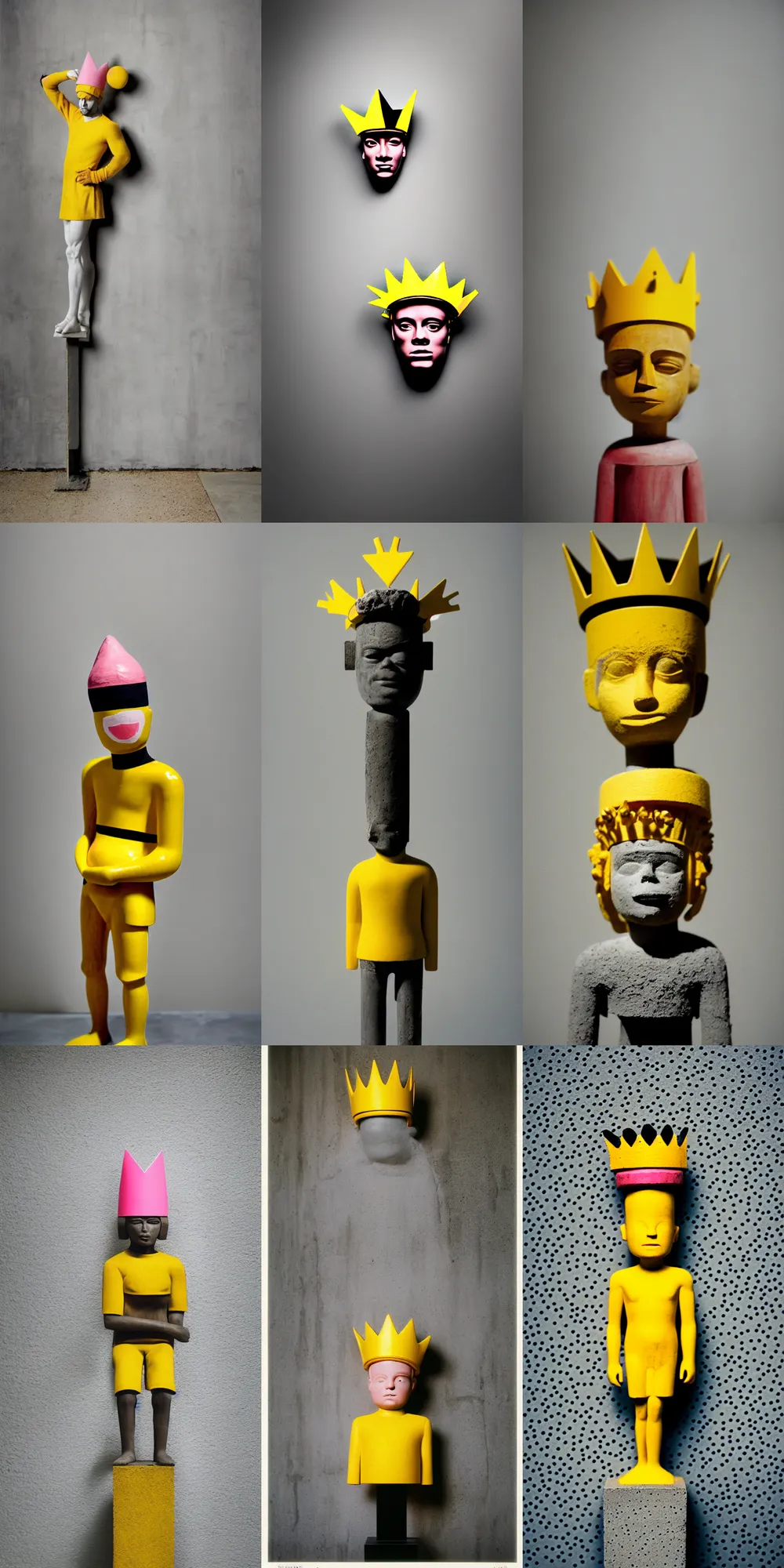 Image similar to kodak portra 4 0 0, 8 k, shot of a highly detailed, britt marling style, colour still - life portrait of a large minimalistic room, rough concrete walls, the wooden statue of a yellow black striped little man with pink crown on his head