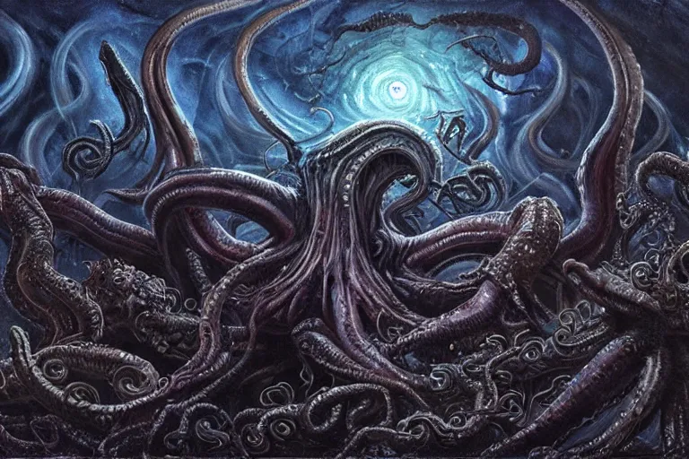 Prompt: man is seeing old god eldritch horror cthulhu terrifying the night sky of a city, epic scene, hyper - detailed, gigantic cthulhu, photo - realistic wallpaper, dark art, oil paint