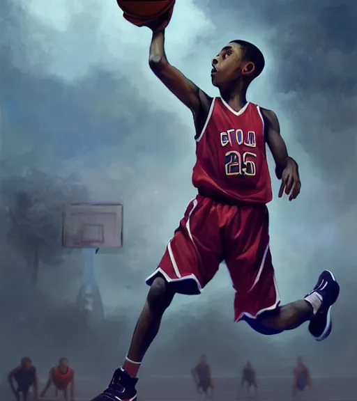 Prompt: portrait of a boy at a basketball court playing basketball wearing a basketball uniform in a basketball court, poised, intense emotion, detailed facial expression, detailed surroundings, perfect basketball, intricate, elegant, highly detailed, centered, digital painting, artstation, concept art, smooth, sharp focus, illustration, by Peter Mohrbacher, WLOP
