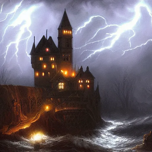 Prompt: dark and stormy eerie gothic castle with lightning, extremely detailed, oil painting, 8k, trending on artstation