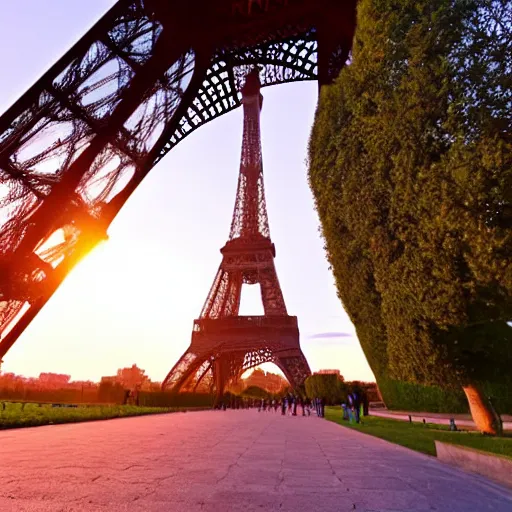 Image similar to eiffel tower at sunset with chinese tourists everywhere, chinese advertising on eiffel tower- comic book style