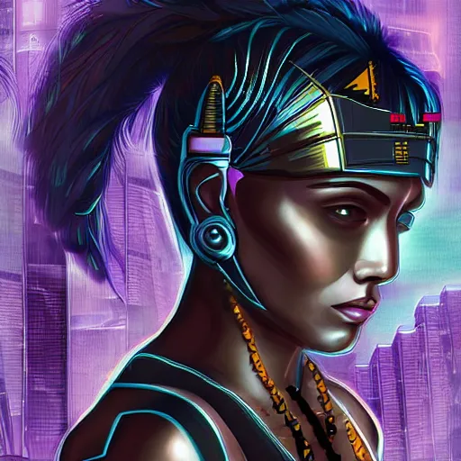 Prompt: a cyberpunk version of Cleopatra, digital art, in the style of Arnold Armitage