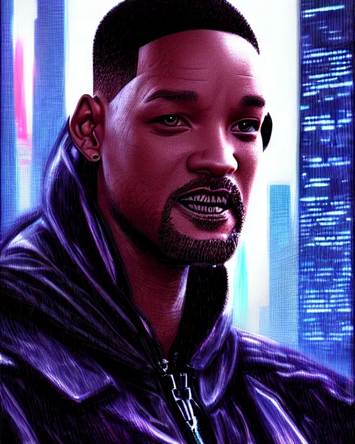 Image similar to portrait of cyberpunk will smith, grim - lighting, high - contrast, intricate, elegant, highly detailed, digital painting, artstation, concept art, smooth, sharp focus, illustration