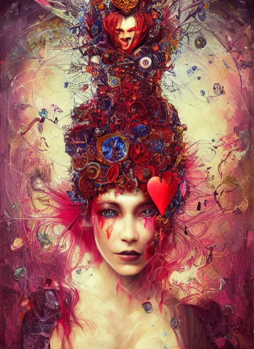 Prompt: queen of hearts, solarpunk style, highly detailed, cinematic, 8 k, by megan duncanson, benjamin lacombe, adrian borda, stanley artgermm, tom bagshaw, craig mullins, carne griffiths, ayami kojima, beksinski, giger, trending on deviantart, hyper detailed, horror, full of colour