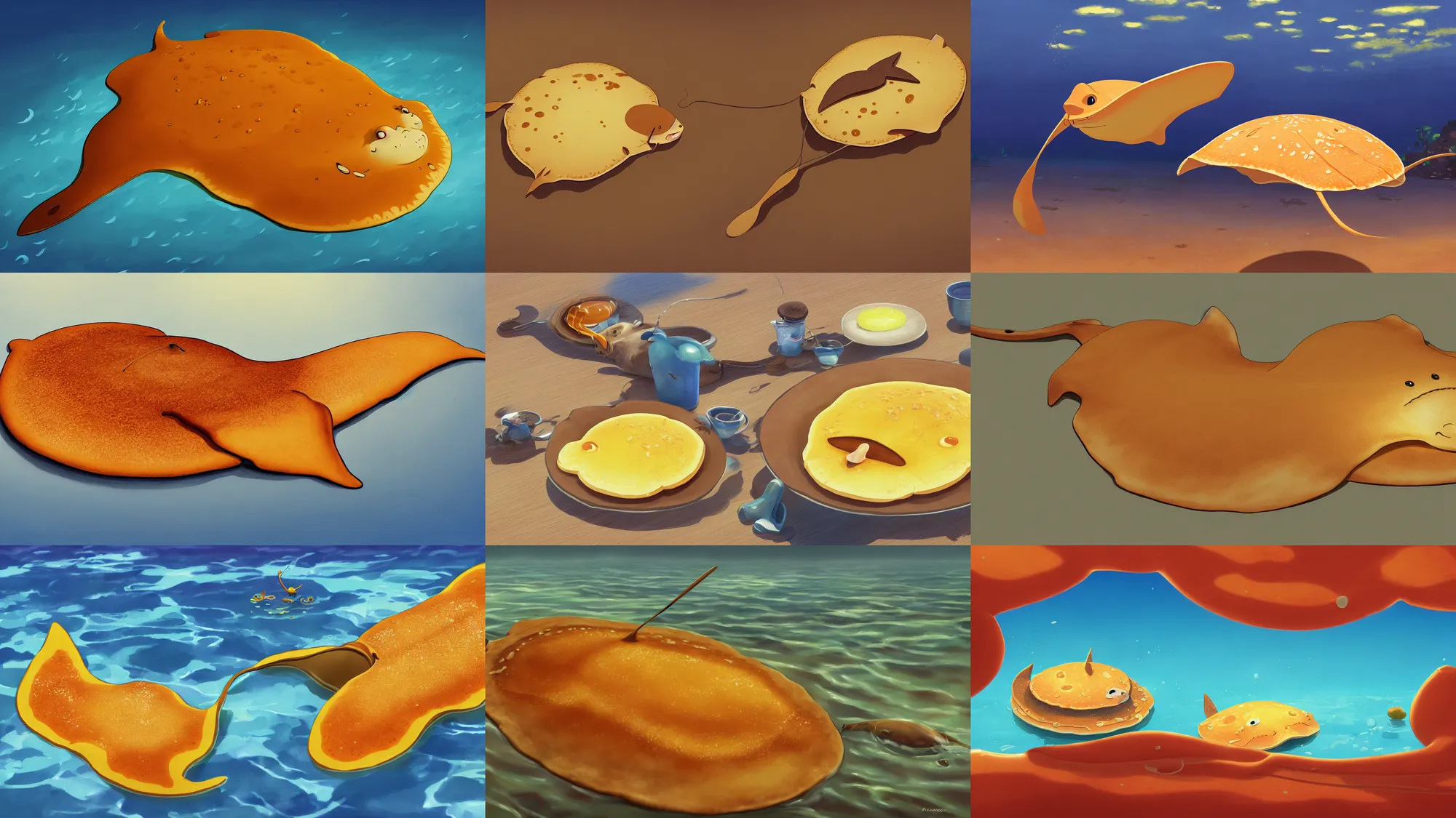 Prompt: painting of a happy flat pancake stingray swimming in syrup, cute, 4 k, stingray made of pancake, fantasy food world, living food adorable pancake, brown atmospheric lighting, by makoto shinkai, studio ghibli, chris moore