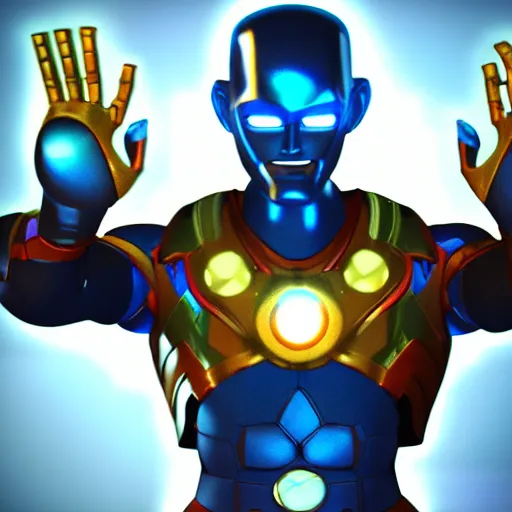 Image similar to megamind wearing the infinity gauntlet dynamic pose 4 k deviantart fanart cinematic shot