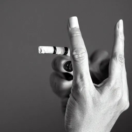 Image similar to a normal female hand with five fingers and ring hold joint, a cigarette between the middle and index fingers, a cigarette, smoke