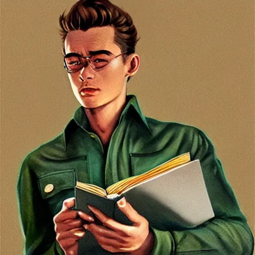 Image similar to a highly detailed epic cinematic concept art CG render digital painting artwork costume design: young James Dean as a well-kept neat mechanic in 1950s USSR green dungarees and big boots, reading a book. By Greg Rutkowski, Ilya Kuvshinov, WLOP, Stanley Artgerm Lau, Ruan Jia and Fenghua Zhong, trending on ArtStation, subtle muted cinematic colors, made in Maya, Blender and Photoshop, octane render, excellent composition, cinematic atmosphere, dynamic dramatic cinematic lighting, aesthetic, very inspirational, arthouse