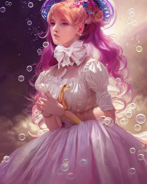 Image similar to portrait of magical lolita girl, dreamy and ethereal, expressive pose, big gold eyes, exciting expression, fantasy, intricate, elegant, many rainbow bubbles, rose tones, highly detailed, digital painting, artstation, concept art, cyberpunk wearing, smooth, sharp focus, illustration, art by artgerm and greg rutkowskiand alphonse mucha