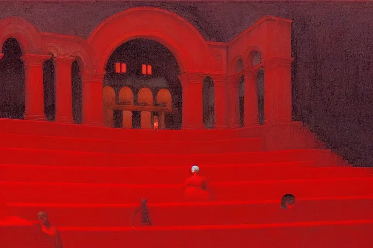 Image similar to only with red, a red great emperor, taormina amphitheatre, crowd with big smile, in the style of beksinski, parts by edward hopper, parts by rodcenko, parts by yue minjun, intricate and epic composition, red by caravaggio, insanely quality, highly detailed, masterpiece, red light, artstation, 4 k