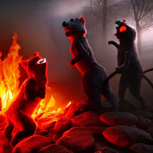 Image similar to the burning pits of hell and the tortured souls are dressed as furries, 4 k, hyper realistic, dslr, high resolution, landscape, beautiful