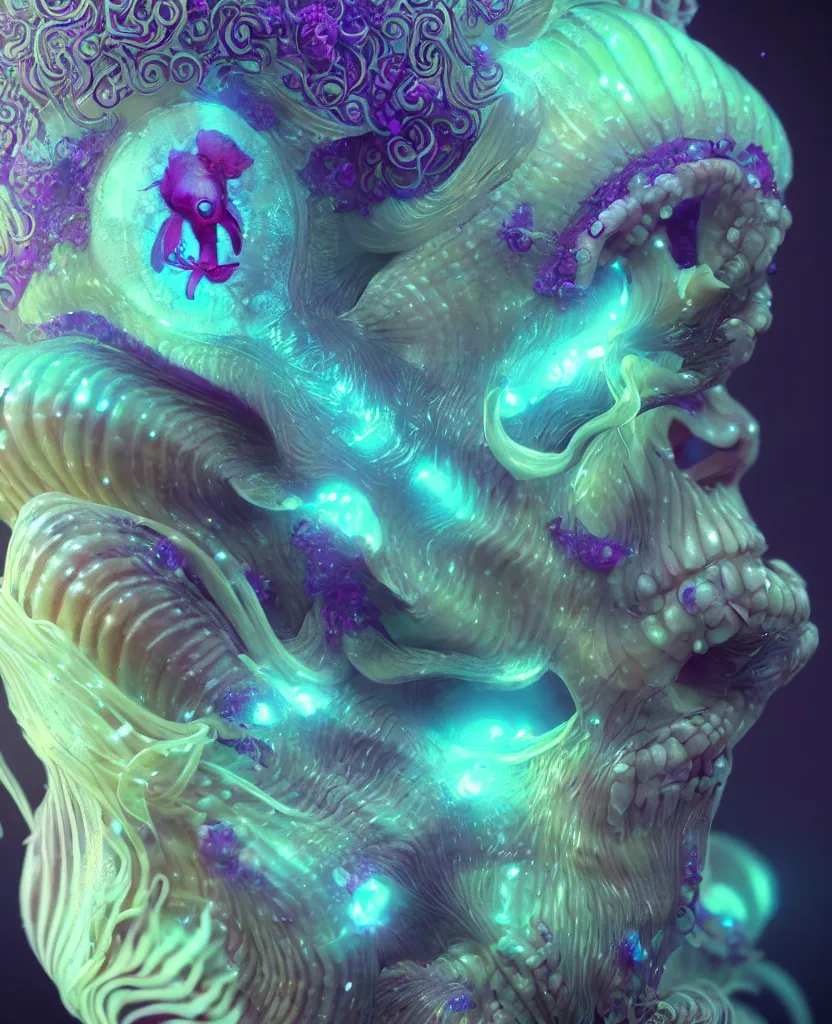 Image similar to goddess close-up face portrait. chimera orchid jellyfish phoenix head, nautilus, skull, betta fish, bioluminiscent creatures, intricate artwork by Tooth Wu and wlop and beeple. octane render, trending on artstation, greg rutkowski very coherent symmetrical artwork. cinematic, hyper realism, high detail, octane render, 8k