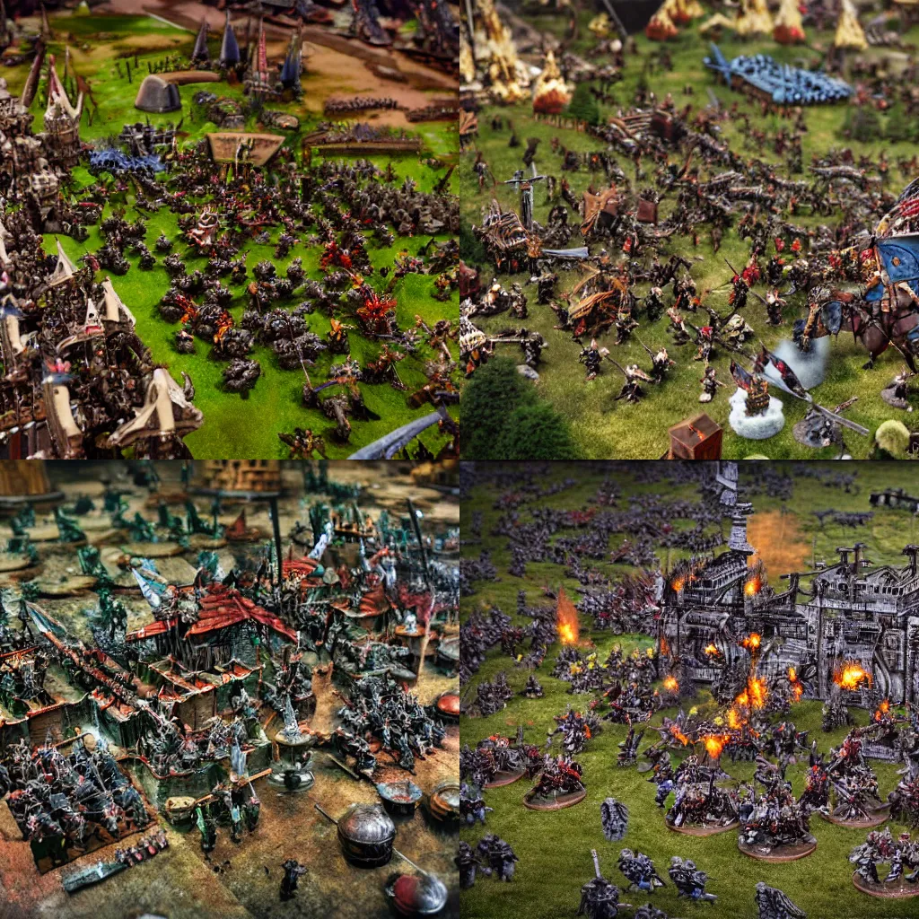 Prompt: Tilt-shift photography of a Warhammer Fantasy battle