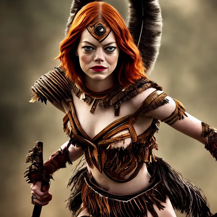 Prompt: professional full length photograph of emma stone as an amazon warrior. Extremely detailed. 8k