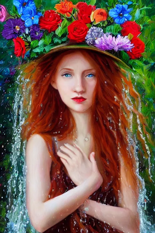 Image similar to oil painting, romanticism, redheaded girl wearing a hat of flowers and dress of fresh flowers, decorated with flowers, waterfall cave, roses, lilies, chrysanthemums, irises, water drops, water jets, overhead light, 4 k, 8 k