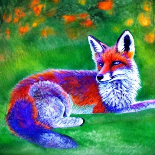 Image similar to fox in the garden, vivid watercolor, in the style of claude monet, beautiful face, fall leaves multiple colours, award winning, hd, 4 k, purple, blue