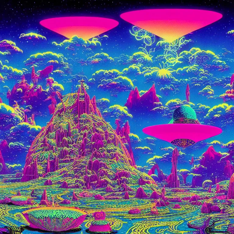 Prompt: mysterious ufo hovering over magical crystal temple, bright neon colors, highly detailed, cinematic, hiroo isono, tim white, philippe druillet, roger dean, lisa frank, aubrey beardsley