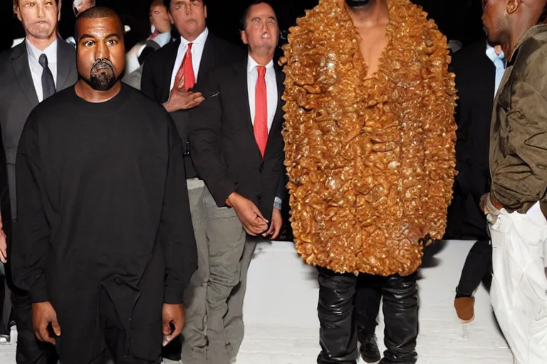 Prompt: kanye west wearing a suit made of steak, runway photo