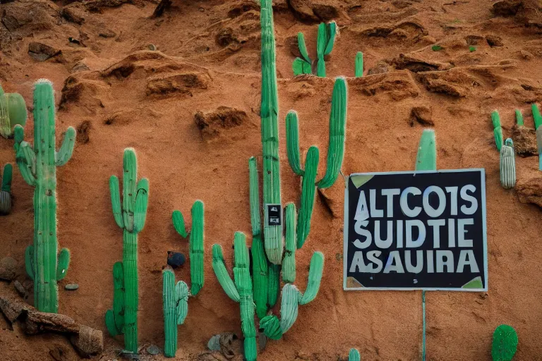 Prompt: photography of a building with alot of cactus in desert with a sign of warning, 4k, detailed