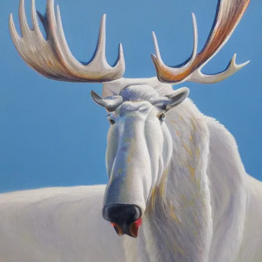 Image similar to white moose wearing shades, oil painting