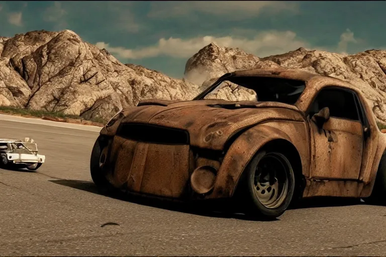 Image similar to smart cars driving in Mad Max Road Warrior, rusted, cobbled together smart car R34 GTR, screenshot, cinematic Eastman 5384 film