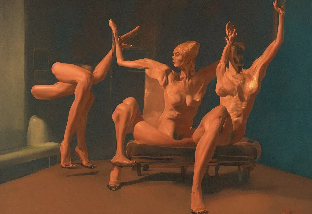 Image similar to A woman with four legs and four arms trying to count her legs, in the style of Paola Vetri, extremely detailed masterpiece, oil on canvas, low-key neon lighting, artstation, Blade Runner 2049, Roger Deakin’s cinematography, by J. C. Leyendecker and Peter Paul Rubens and Edward Hopper and Michael Sowa,