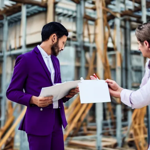 Image similar to woman in a purple suit scolding man in construction outfit holding clipboard, realistic, 4 k