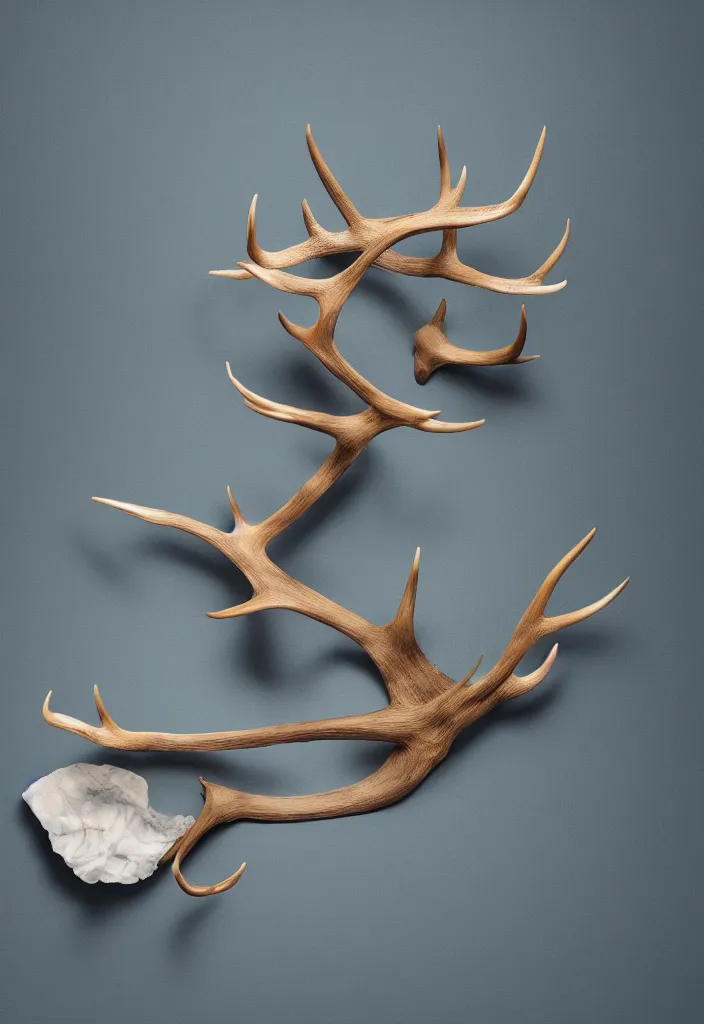 Image similar to delicate animal innards, antlers white bones ,melted wax, sharp slate. complementary color scheme. national geographic. 8k, rendered in octane, smooth gradients. blue whale