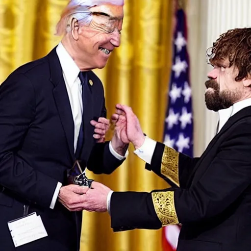 Image similar to “White House Press photo of Joe Biden awarding Peter Dinklage as Tyrion Lannister the presidential medal of freedom”