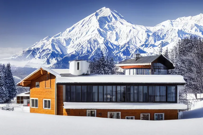 Prompt: architecture photo modern fachwerk house cottage settlement with Elbrus mountain on the background, architecture, high-tech technology, futuristic ecocity, photorealism 8k , high details