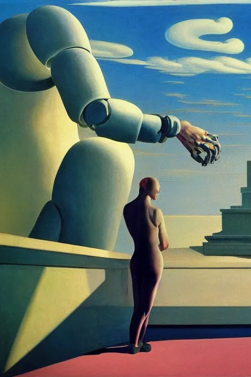 Prompt: liminal vaporwave robot surrealism dreams, painted by Edward Hopper, painted by salvador dali, painted by moebius, airbrush