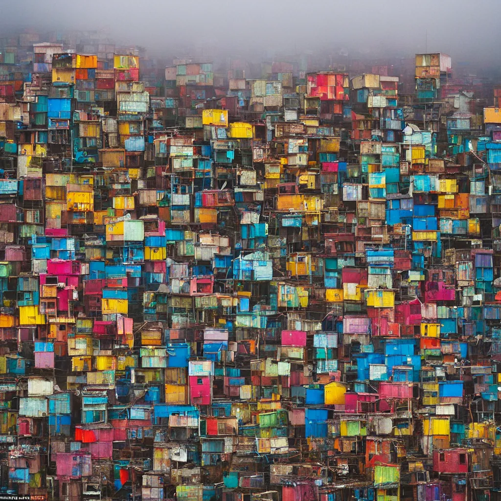 Prompt: colourful vertically densely stacked makeshift squatter shacks, suspended over a quagmire, plain uniform sky at the back, misty, mamiya, ultra sharp, very detailed, photographed by alejandro jodorowsky