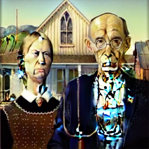 Image similar to american gothic painting but with donald trump and melania trump as the subjects, art station, high quality,