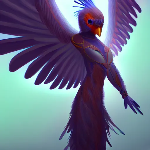 Prompt: a futuristic bird avatar with digital wings, heavenly feather by concept art, awarded, wisdom, epic, ulta detailed, centered, artstation hd, 8 k resolution