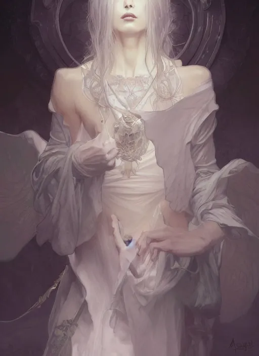 Image similar to portrait of person with face full of white mist, fantasy, medieval wear, intricate, elegant, highly detailed, digital painting, artstation, concept art, smooth, sharp focus, illustration, art by artgerm and greg rutkowski and alphonse mucha