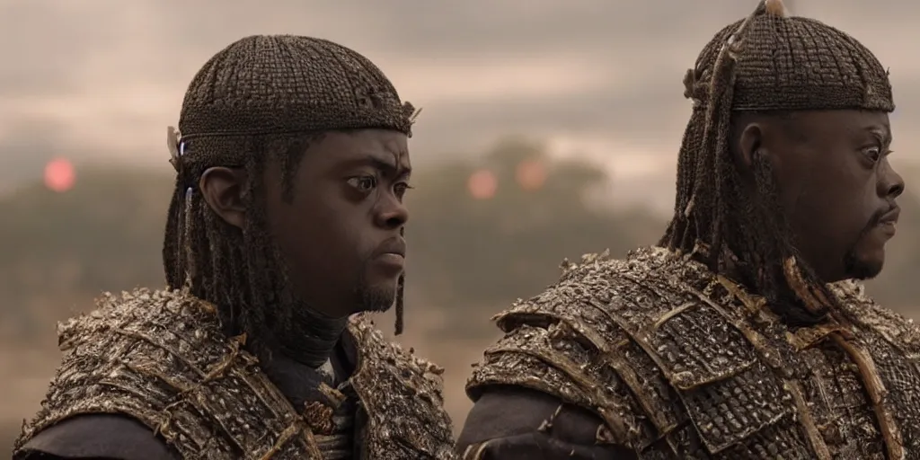 Image similar to a film still of daniel kaluuya starring as an ancient samurai in a japanese blockbuster film, shallow depth of field, cinematic, award winning cgi, vfx, film still