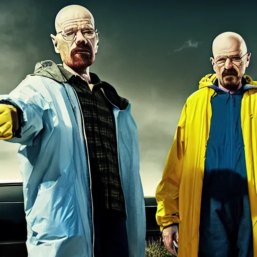 Image similar to a film still of walter white standing with his parents breaking bad, walter white's mother and father next to him in breaking bad, realistic, hyperrealistic, ultra realistic, real, real world, highly detailed, very detailed, extremely detailed, intricate details, 8 k resolution, hd quality, film still