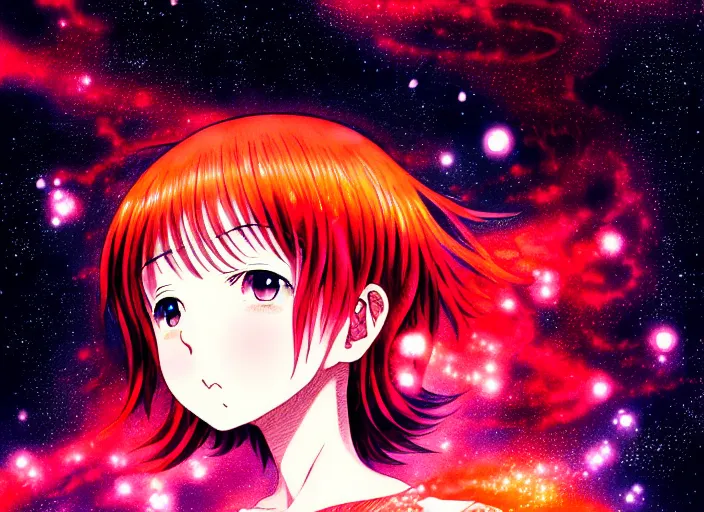 Image similar to anime portrait of a young girl floating inside a nebula, outlined,masakazu katsura, tsuruta kenji, murata range,kawaii, kyoto animation, manga, intricate, detailed, studio lighting, orange red black white, gradation,editorial illustration, matte print, Ilya Kuvshinov