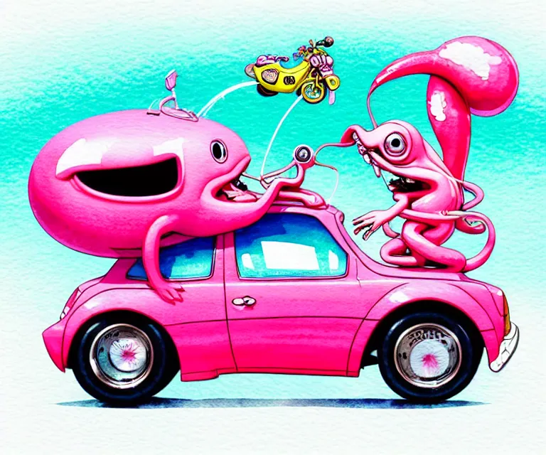 Image similar to cute and funny, pink colored squid wearing goggles riding in a tiny hot rod with oversized engine, ratfink style by ed roth, centered award winning watercolor pen illustration, isometric illustration by chihiro iwasaki, edited by range murata, tiny details by artgerm and watercolor girl, symmetrically isometrically centered