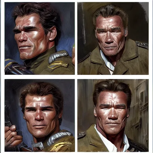 Prompt: Henry Caville and Arnold Schwarzenegger as soldiers, closeup character art by Donato Giancola, Craig Mullins, digital art, trending on artstation